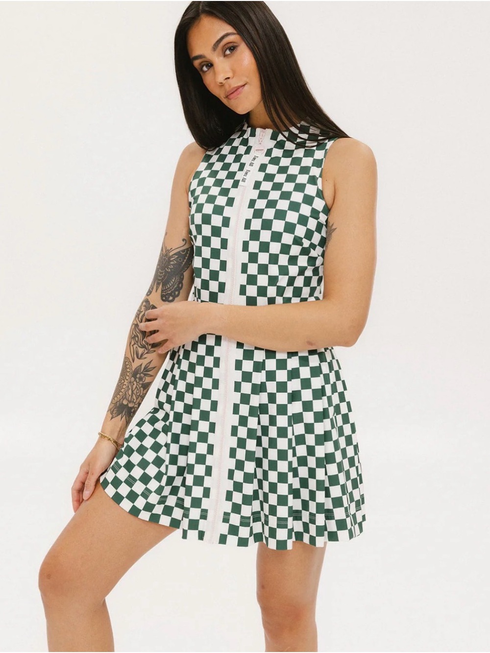 Green and White Checkered Sleeveless Mini Dress